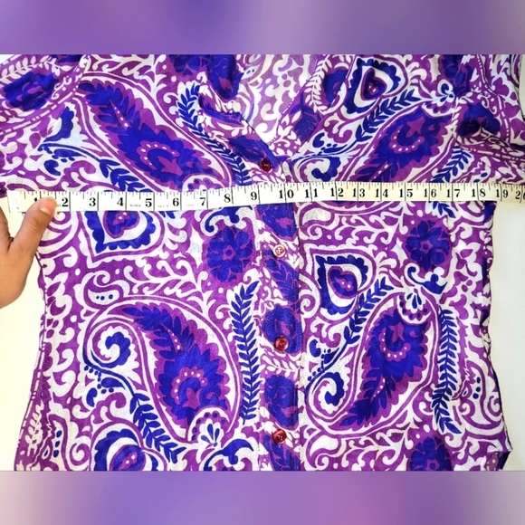 Zara Vibrant Purple Paisley Boho Long Sleeve V Neck Blouse with Beaded Sleeves - Picture 7 of 12